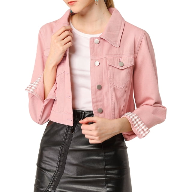 INSPIRE CHIC Women's Denim Cropped Jackets Chest Pocket Plaid Trim Button Down Jean Jacket L Peach Pink