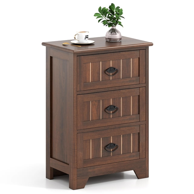 Gymax 3 Drawers End Table Nightstand Bedroom Storage Wood Slide Brown designed as a versatile bedside table with three pull-out drawers for organized storage. Made of P2 MDF material with a brown finish, it features vintage-style metal handles and a spacious tabletop for decor or essentials. Ideal for bedrooms, living rooms, or studies.
