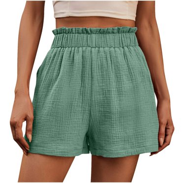 AherBiu Shorts for Women 2024 Casual Elastic Waisted Ruffle Vintage Loose Summer Straight Shorts