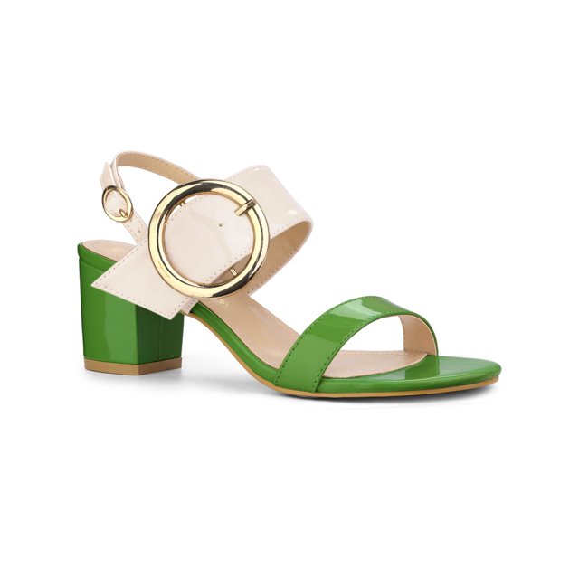 BLISSFUL STEP Slingback Contrast Color Chunky Heel Big Circle Buckle Heeled Sandals Green Beige 5