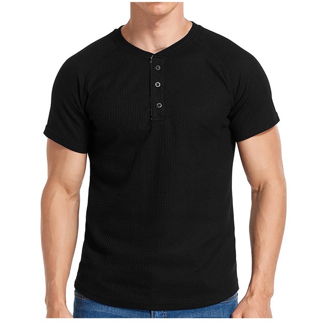 cfhntfmh Men's Short Sleeve Henley Shirts Summer Solid Color Stretchy T-Shirts Button Tee Casual Basic Tops