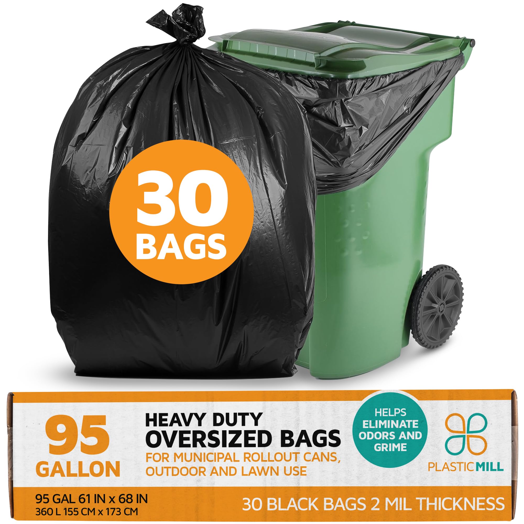 PlasticMill Heavy Duty Trash Bags - Black Garbage Bags - Plastic Trash Bags for Large Rolling Trash Bins - Tall Trash Bags - 95-Gallon Large Kitchen Trash Bags, 2 Mil, 61"x68" (30-Count)