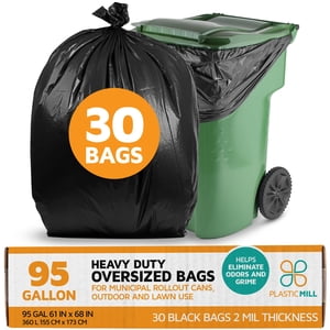 PlasticMill Heavy Duty Trash Bags - Black Garbage Bags - Plastic Trash Bags for Large Rolling Trash Bins - Tall Trash Bags - 95-Gallon Large Kitchen Trash Bags, 2 Mil, 61"x68" (30-Count)