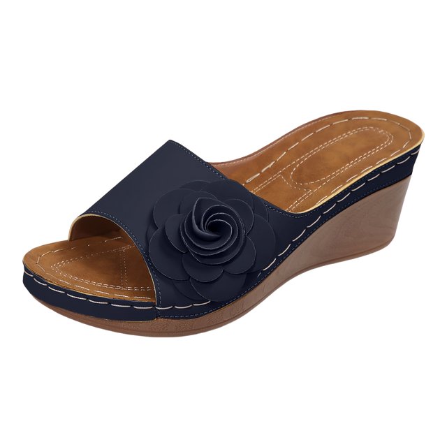 DXOUPM Sandals Womens Open Toe Floral Decorative Casual Wedge Sandals Slip on Ladies Shoes