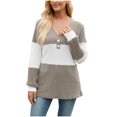 thumbnail image 1 of Lenpel Women's Tunic Tops Long Sleeve V Neck Quarter Button Color Block Ribbed Knit T Shirts Casual Loose Lightweight Sweaters(Khaki,Small), 1 of 7