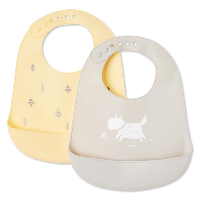 George infants' gender inclusive silicone bib 2-pack with two water-resistant silicone bibs in pastel yellow featuring tree prints and light beige with a dog illustration, each with an adjustable neck closure and crumb-catcher pocket for feeding essentials.