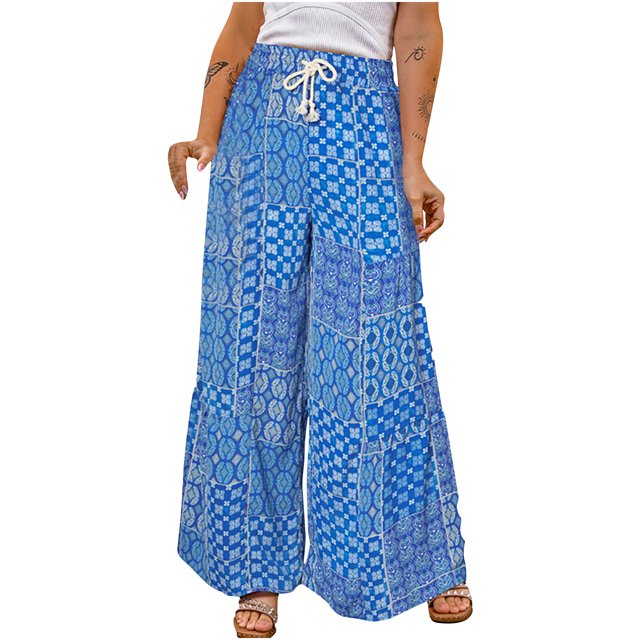 Jsaierl Womens Boho Print Palazzo Pants Elastic High Waist Drawstring Wide Leg Flowy Pants Plus Size Holiday Straight Leg Pants