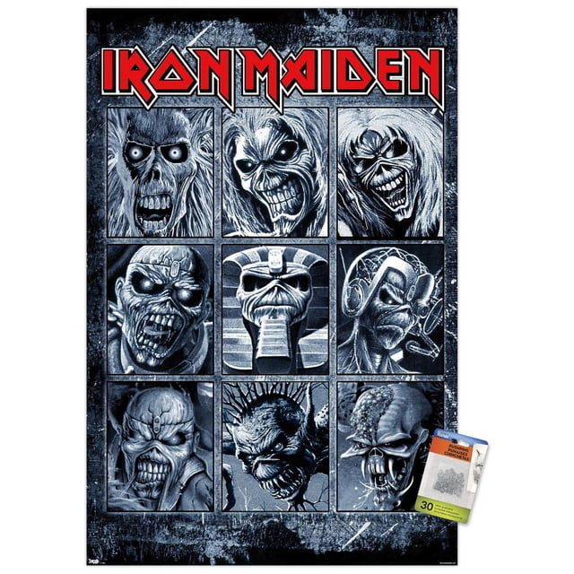 Iron Maiden - Grid Wall Poster, 22.375" x 34" framed, displaying nine black and white illustrated panels of Eddie, the band's mascot, arranged in a grid with a textured dark blue background and the red Iron Maiden logo at the top, suitable for wall art and room décor.