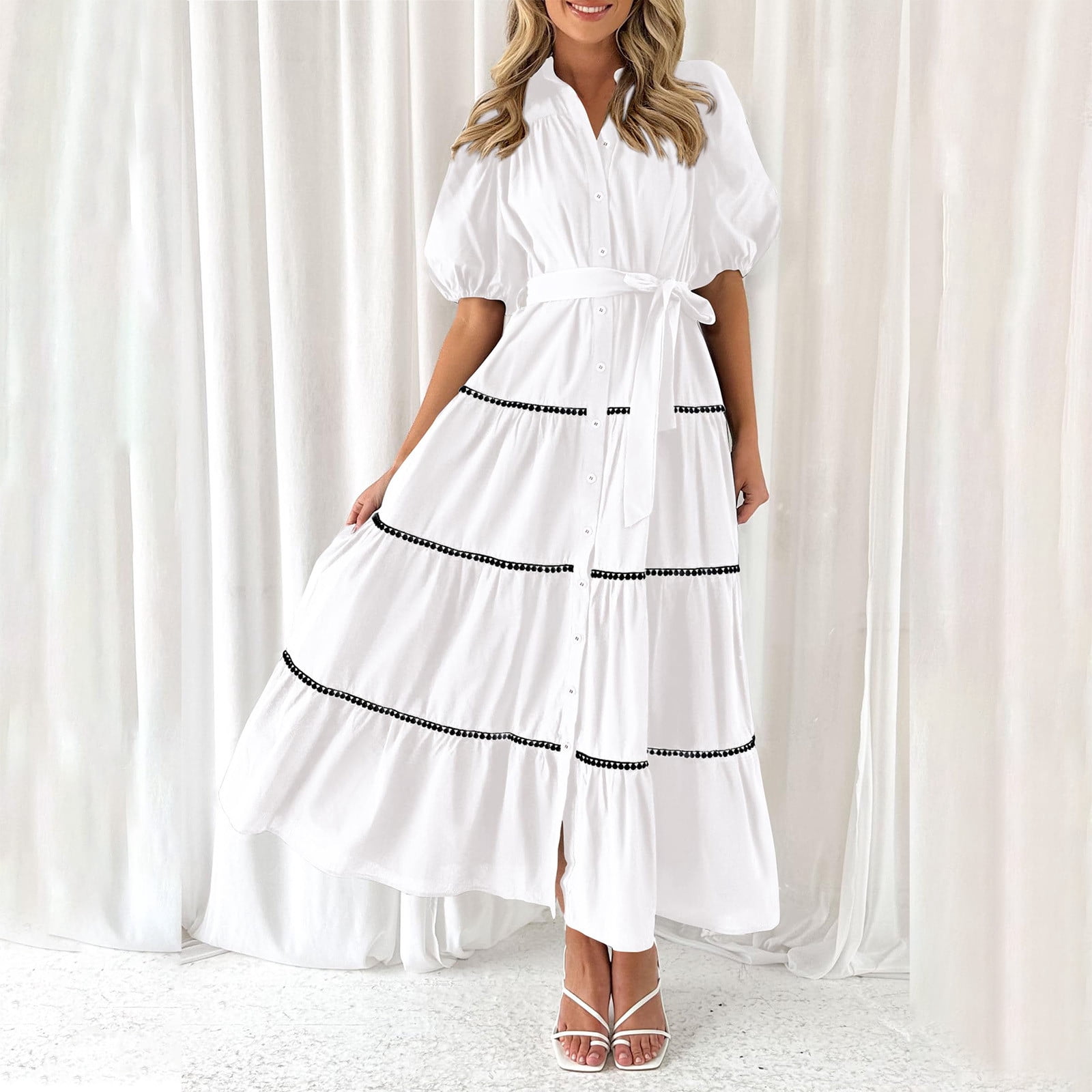 Jusqu'à 65 % de Rabais! Robes d'Été Mode pour Femmes 2024 Robe Chemise Grande Taille Manches Courtes Bouffantes à Volants Superposés Fluide Longue Maxi Robes