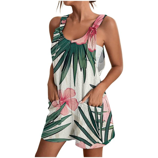 IROINID Femmes Léger Court Rompers, Femmes Été Confortable Occasionnel Bretelles Impression Shorts Poche Combinaison Shorts Multicolores XL