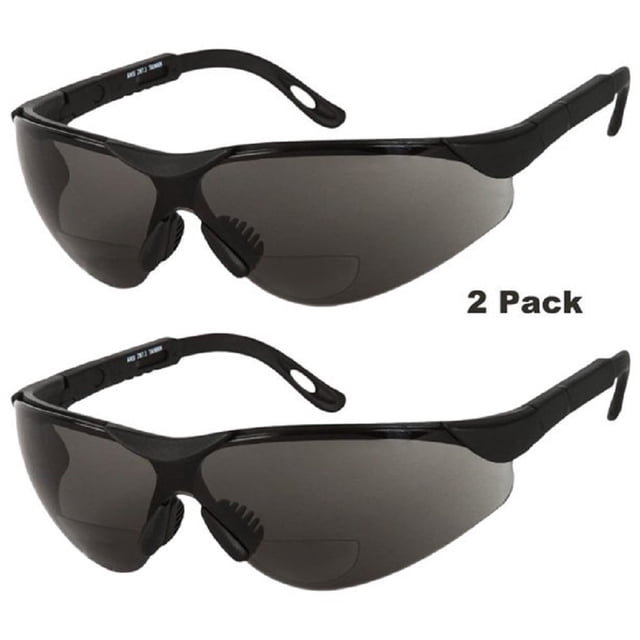 grinderPUNCH Skylark Bifocal Safety Plastic Frame Adult Reading Sunglasses +1.50, displayed in a two-pack. These safety glasses feature a durable black plastic frame with tinted lenses and built-in bifocal magnification of +1.50. Ideal for eye protection during home improvement tasks and reading.