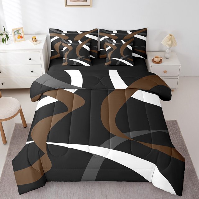 Erosebridal Ensemble de Literie à Rayures Abstraites Format Double, Ensemble de Lit à Lignes Modernes, Décor d'Art Contemporain, Réversible, Respirant, 7 Pcs