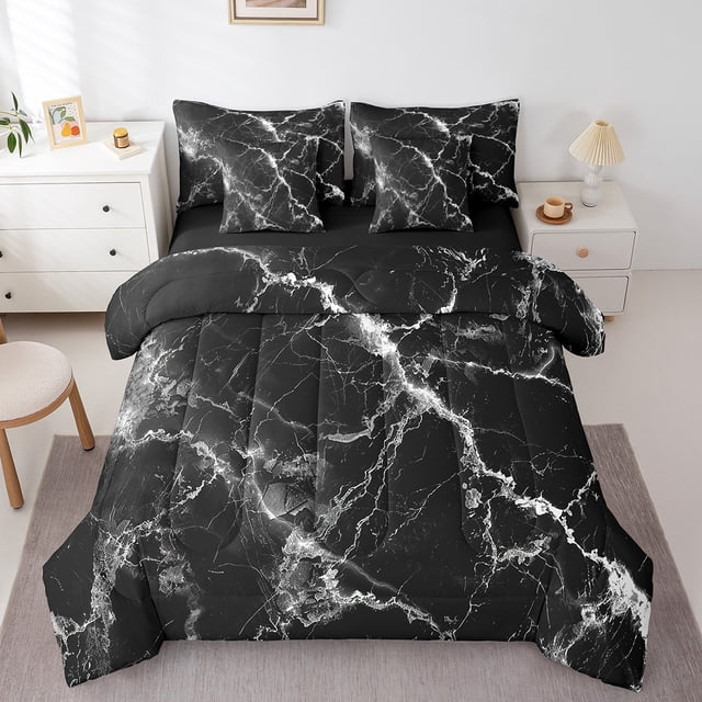 YST 7 Pcs Black Marble Comforter Set Full Size, Artwork Stone Pattern Bed In A Bag With Flat Sheet And Fitted Sheet For Kids And Adults, Marble Texture Bedding Set With Pillowcases & Shams