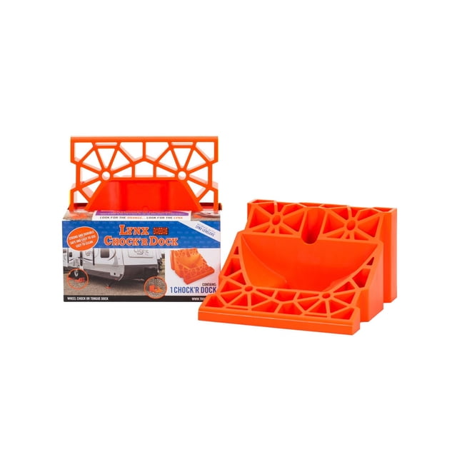 Lynx Chock R Dock 00030 bright orange wheel chock and tongue dock with geometric lattice design, shown with retail packaging illustrating trailer use, designed for automotive wheel support and stabilization as a durable, easy-to-clean automotive stand.