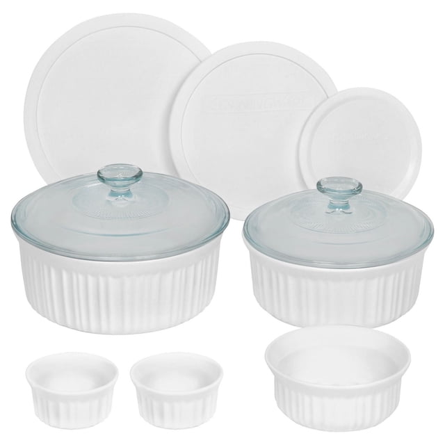 CorningWare® French White® 10 Piece Bakeware Set includes two white stoneware round casserole dishes with clear glass lids, three white stoneware lids, and four ribbed white ramekins in various sizes, suitable for baking, serving, and storing in oven, microwave, refrigerator, and freezer.