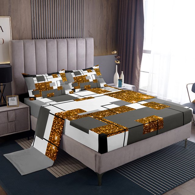 YST Abstract Geometric Bedding Full Orange Glitter Bling Sequins Check Bed Sheets,Black Grey Geometry Stripes Grids Sheet Set Starry Sky Stars Fitted Sheet + Flat Sheet + 2 Pillow Cases