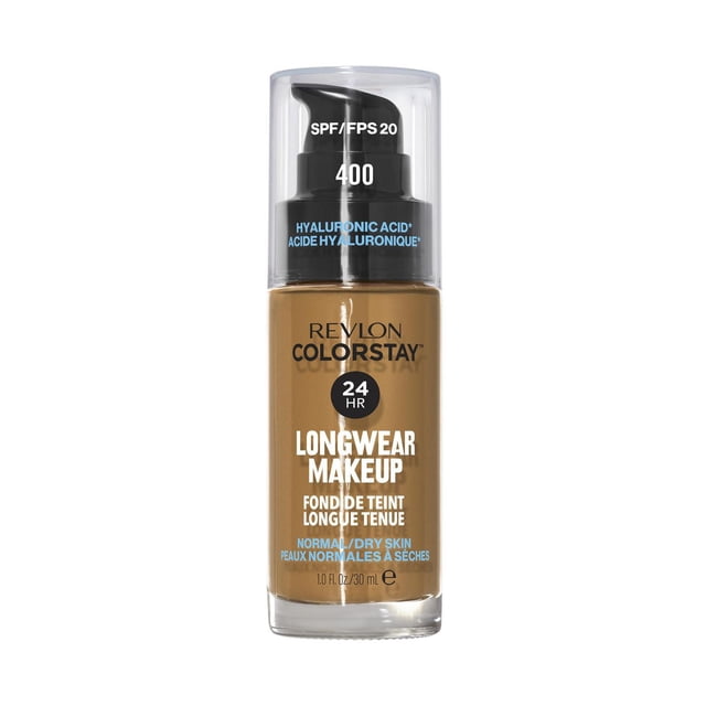 Revlon ColorStay™ Longwear Makeup for Normal/Dry Skin in shade 400, a 30 ml liquid foundation with SPF 20 and hyaluronic acid, offering 24-hour hydration and long-lasting, transfer-resistant wear in a clear bottle with black pump and cap.