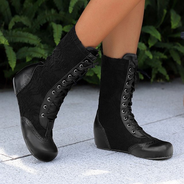 Fankiway Bottes Mi-Mollet à Lacets pour Femmes Semelle Plate Bout Rond Style Vintage Bottes d'Hiver Mode Noir