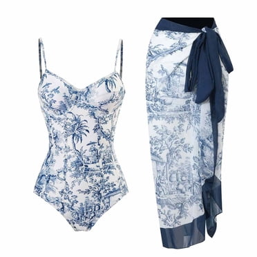 EGNMCR Women's One Piece Swimsuit with Beach Cover up Wrap Skirt Two Piece Tummy Control Bathing Suit Chiffon Floral Print Bikini Set,
