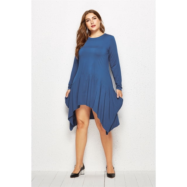 U.Vomade Women's Fall Plus Size Dress Solid Color Round Neck Long Sleeve Pocket Dress