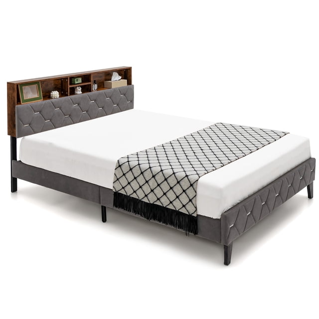 Costway Queen Bed Frame Upholstered Platform Mattress Foundation with Storage Headboard in grey velvet fabric. Features a multifunctional headboard with four open compartments and a hidden storage space, ideal for organizing books, alarm clocks, and other essentials. The upholstered headboard and footboard are padded with high-density sponge for added comfort. Constructed with a sturdy metal and plywood frame, it supports up to 1000 lbs and includes 12 slats, eliminating the need for a box spring. The bed frame is elevated by 9 support legs, providing a 6-inch clearance for easy cleaning. Dimensions: 88 inches long, 62 inches wide, and 41.5 inches high. Suitable for queen-size mattresses 10-12 inches thick.