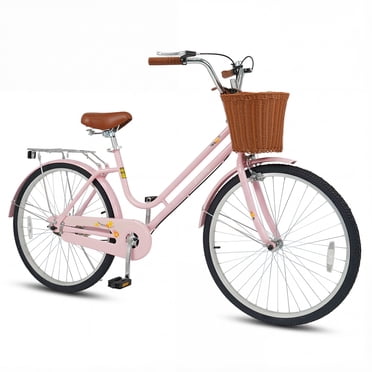 Gymax 26-Inch Beach Cruiser Bike w/Adjustable Seat Woven Basket & Rear Rack Pink