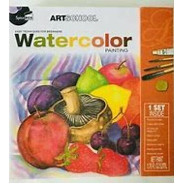 Spicebox Books Art School Watercolor Painting Book front cover centered, art instruction book showing watercolor swatches and brushstroke samples, visible SpiceBox logo, white studio background, often used as a portable plein air reference.