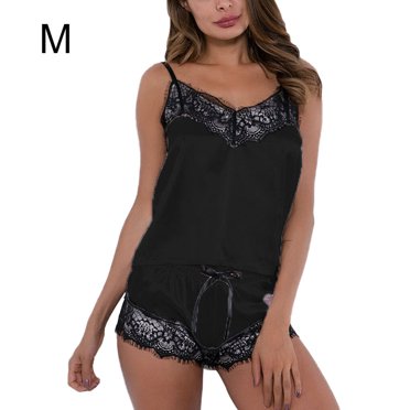 Ensemble de Pyjama avec Bretelles en Dentelle, Ensemble de Nuit pour Femme, Short d'Été, Noir, m