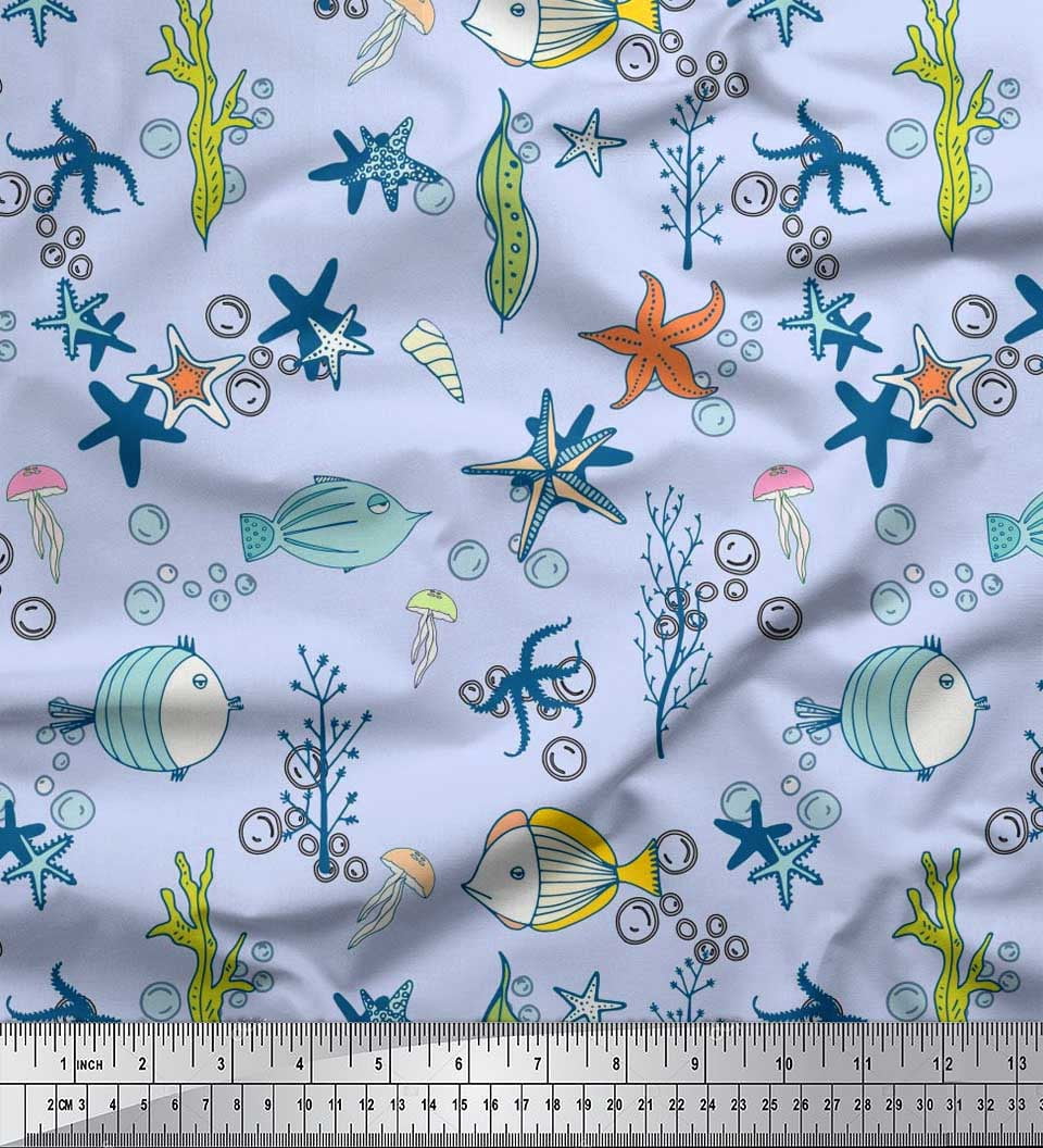 Soimoi Silk Fabric Fish,Coral & Starfish Ocean Decor Fabric Printed Yard 42 Inch Wide
