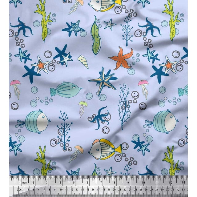 Soimoi Poly Georgette Fabric Fish,Coral & Starfish Ocean Decor Fabric Printed Yard 52 Inch Wide