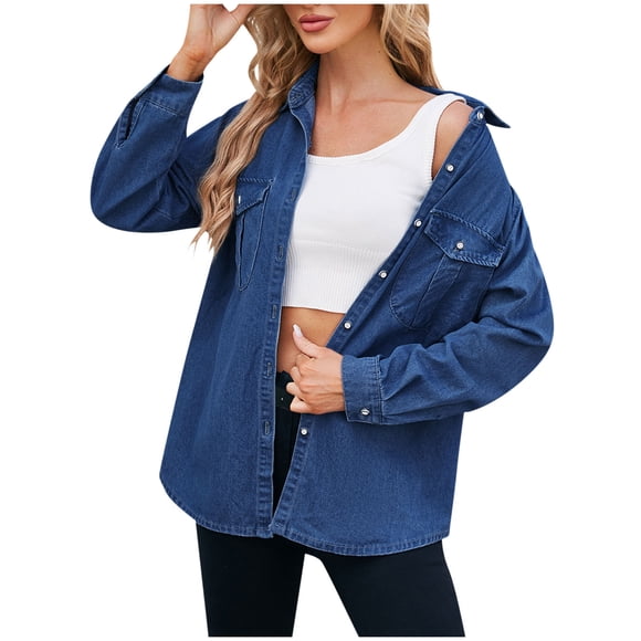 Jean Jacket Womens Plus Denim Stretch Denim Jacket, Women's Oversized Mid Long Denim Jacket Jean Biker Coat S-99 Dark Blue M