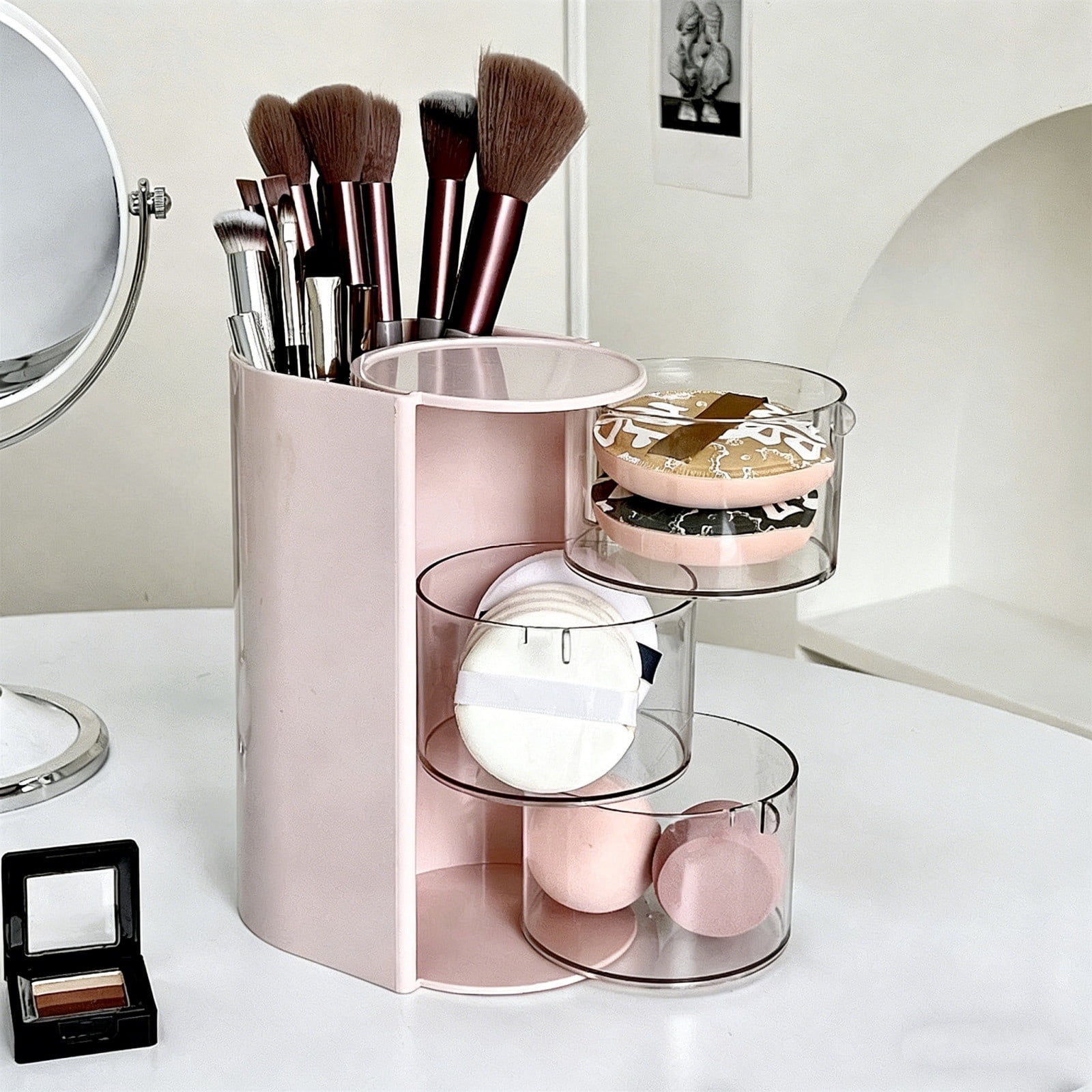 Yrmaups Rotating Desk Organizer for Makeup, Multi-Functional Covered Storage Box, Spinning Cosmetic Organizer for Brushes, Lipsticks, Pens, for Home, Office, Dormitory, Vanity