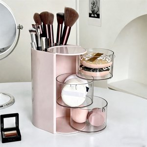 Yrmaups Rotating Desk Organizer for Makeup, Multi-Functional Covered Storage Box, Spinning Cosmetic Organizer for Brushes, Lipsticks, Pens, for Home, Office, Dormitory, Vanity