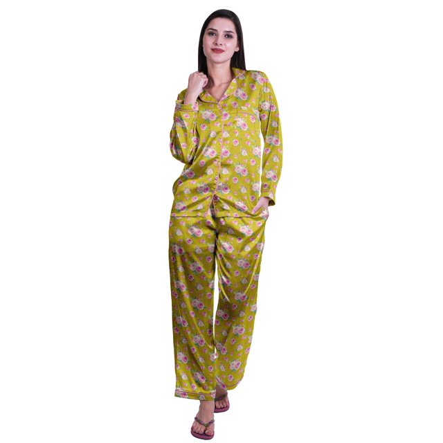Moomaya Ensemble de Pyjama à Manches Longues et Shorts pour Femmes, Pyjama en Satin à Boutons pour Femmes