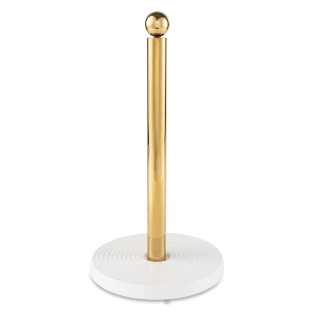 Thyme and Table, Paper Towel Holder with Ribbed Ceramic Base, White and Gold featuring a gold vertical post with a spherical finial on a round white ribbed ceramic base, designed for kitchen countertop organization and suitable for holding napkins or lightweight kitchen towels.