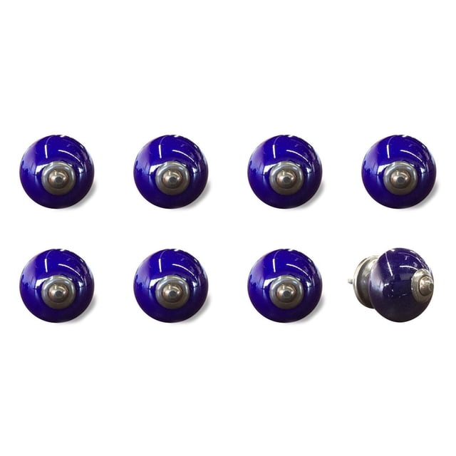 KNOB-IT VINTAGE HANDPAINTED CERAMIC KNOBS (8 Pack) K000001 showing eight deep blue round ceramic cabinet knobs with silver metal bolts and caps, arranged in two rows on a white background. One knob is displayed from the side to reveal the 1.25-inch bolt that can be trimmed to size. These decorative knobs add a vintage hand painted touch to cabinets, drawers, and cupboards and install easily without extra hardware.