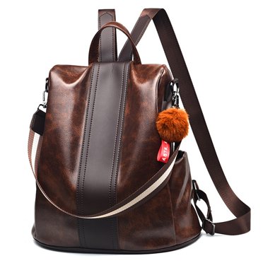 Faux Leather Backpack Unisex Solid Color Fashion Big Casual Daypack Shoulder Bag