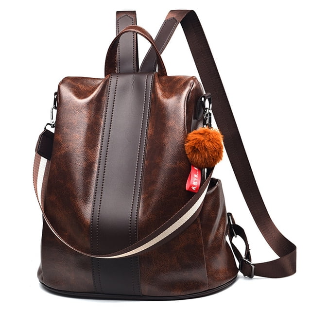 Faux Leather Backpack Unisex Solid Color Fashion Big Casual Daypack Shoulder Bag