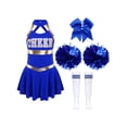 thumbnail image 3 of Runhomal Costume de Pom-Pom Girl pour Filles Enfants Halloween Carnaval Uniforme de Cheerleading Robe de Danse Sans Manches avec Pompons B Bleu 10, 3 of 7