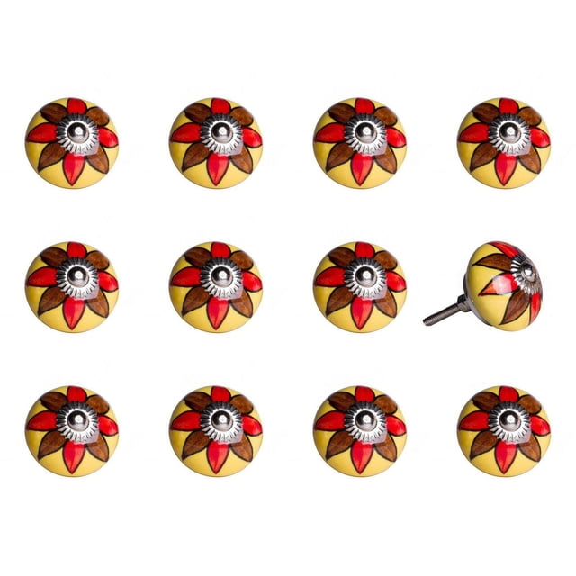 KNOB-IT vintage handpainted ceramic knobs 12-pack with 1.5-inch diameter, yellow base and floral pattern of red and brown petals around a silver metal center, 1.25-inch bolts can be trimmed, ideal for cabinets, drawers, and cupboards.