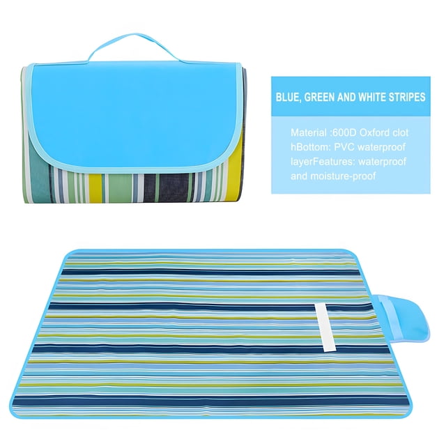 Couverture de Pique-Nique Extérieure à Rayures Bleues, Vertes et Blanches, Présentant un design Pliable et Léger. Ce Tapis de Sable Imperméable Extra-Grand Mesure 150 x 100 cm, Accueillant 2-4 Adultes avec des Fournitures de Pique-Nique. Fabriquée en Tissu Oxford 600D durable avec une Couche Imperméable en PVC, Elle Est Facile à Nettoyer et Convient à Diverses Activités de Plein Air comme le camping, la Randonnée et les Sorties à la Plage. la Couverture Se Plie de Façon Compacte jusqu'à 30 x 20 x 3 cm avec une Poignée de Transport