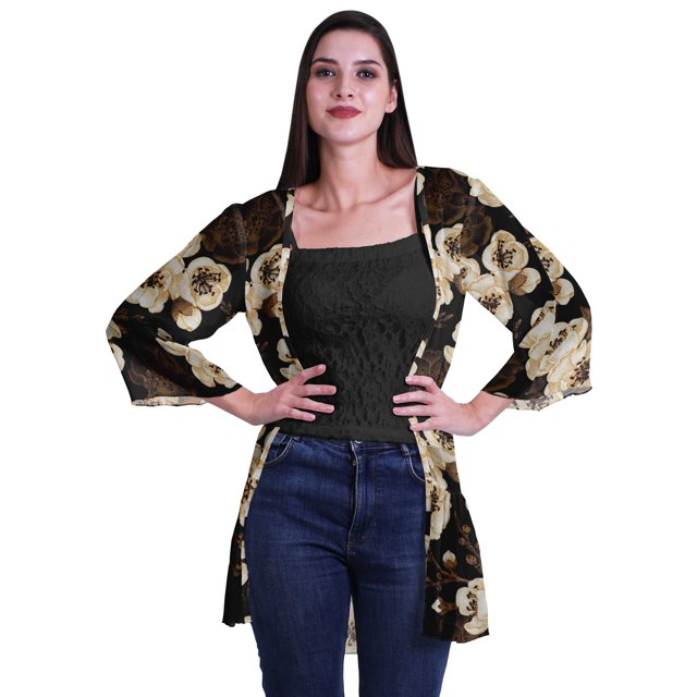 Moomaya Printed Georgette Shrug Ruffled Back Drop Hem Beach Cover Up For Women