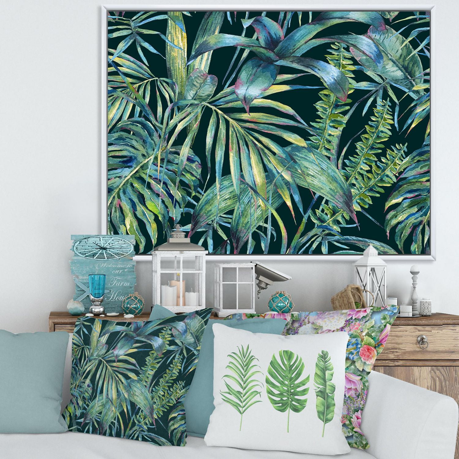 Designart Feuilles naturelles exotiques sur foncé I ART MURAL À CADRE FLOTTÉ