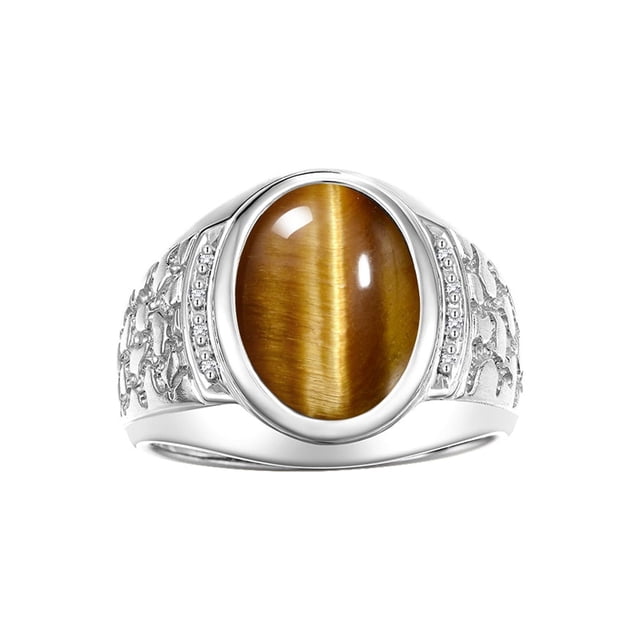 RYLOS Men's Rings 14K White Gold Nugget Ring with Cabochon Gemstone & Diamonds Tiger Eye Rings For Men Size 13