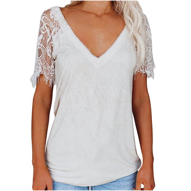 Mode Femmes T-shirt à Manches Courtes en Dentelle à Plumes Col en V