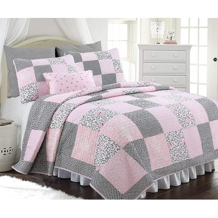 Cozy Line Home Fashions 100% Cotton Real Patchwork Floral Butterfly Shabby Chic Girly Reversible Quilt Bedding Set, Coverlet Bedspread (Black Pink, Queen - 3 Piece)