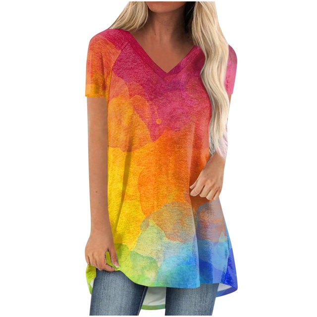 Birdeem Blouse à Imprimé Dégradé pour Femmes, Col en V, Manches Courtes, T-Shirt Ample, Hauts
