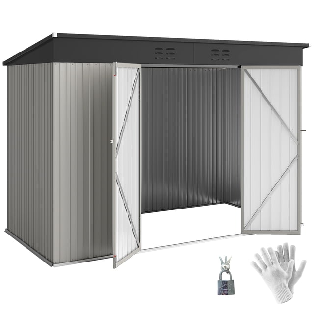 Outsunny 9' x 4' galvanized steel storage shed with lockable double hinged doors and two vents for ventilation. The grey metal shed features a durable, waterproof design suitable for storing garden tools and outdoor equipment. Includes gloves and a lock for added security.