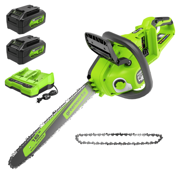 Greenworks 48V (2 x 24V) Tronçonneuse Sans Fil Sans Balais de 16 Pouces avec Chaîne Supplémentaire, Batteries USB (2) 4,0 Ah (Hub USB) et Chargeur Rapide à Double Port Inclus