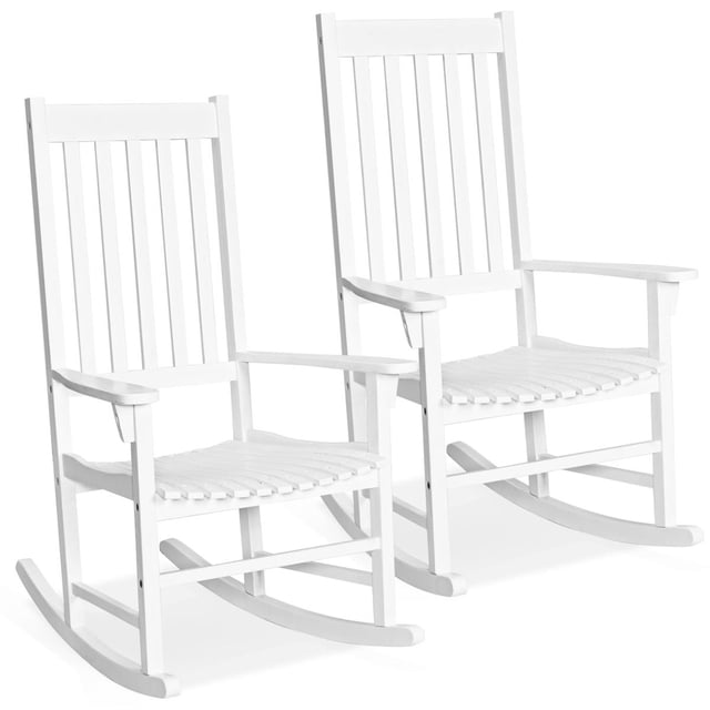 Giantex Set of 2 Wooden Rocking Chairs in white, crafted from durable Acacia wood with slatted high backs and wide armrests. Each chair supports up to 350 lbs and is ideal for use on porches, patios, or indoors. Lightweight and easy to move.